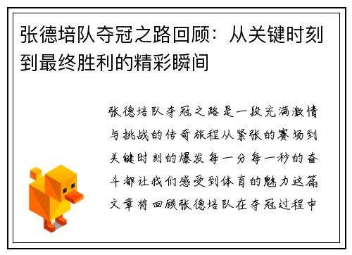 张德培队夺冠之路回顾：从关键时刻到最终胜利的精彩瞬间