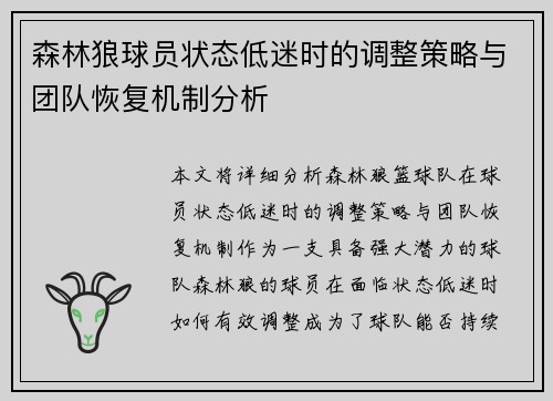 森林狼球员状态低迷时的调整策略与团队恢复机制分析